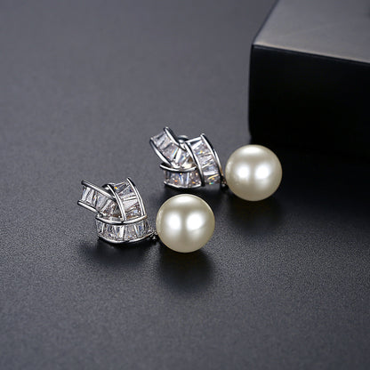 Crystal and Pearl Silver-Plated Geometric Drop Earrings, silver drop earrings for women, botanical inspired, detail close-up