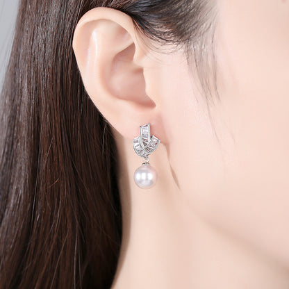 Crystal and Pearl Silver-Plated Geometric Drop Earrings, silver drop earrings for women, botanical inspired, front view