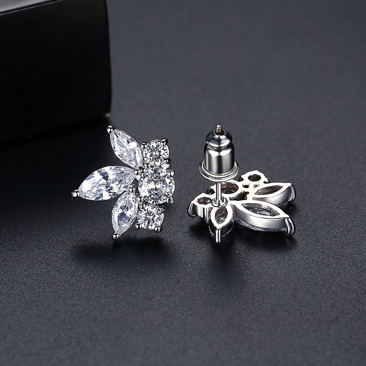 Marquise-Cut Crystal and Silver-Plated Flower Stud Earrings, silver stud earrings for women, side view