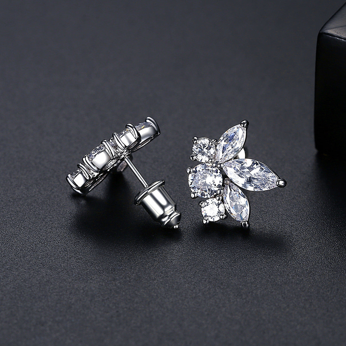 Marquise-Cut Crystal and Silver-Plated Flower Stud Earrings, silver stud earrings for women, detail close-up
