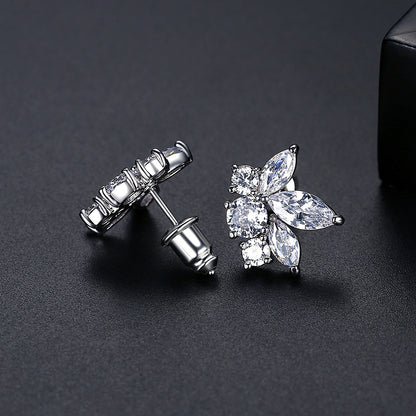 Marquise-Cut Crystal and Silver-Plated Flower Stud Earrings, silver stud earrings for women, detail close-up