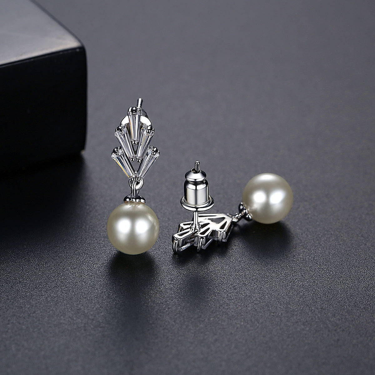 Crystal and Pearl Silver-Plated Botanical Drop Earrings, silver drop earrings for women, detail close-up