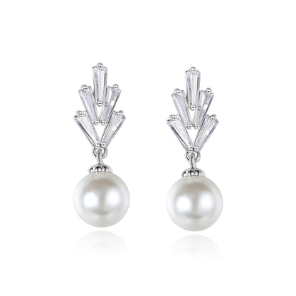 Crystal and Pearl Silver-Plated Botanical Drop Earrings, silver drop earrings for women, dainty minimalist design, side view