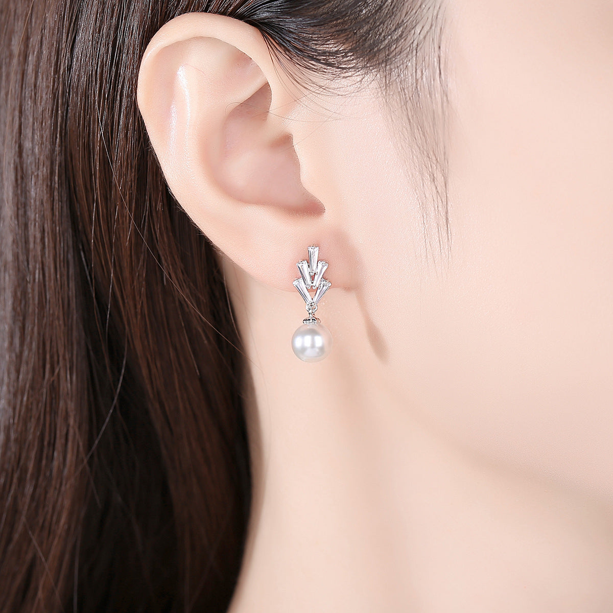 Crystal and Pearl Silver-Plated Botanical Drop Earrings, silver drop earrings for women, dainty minimalist design, front view