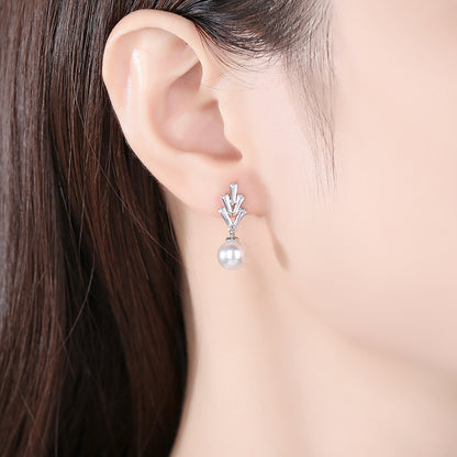 Crystal and Pearl Silver-Plated Botanical Drop Earrings, silver drop earrings for women, dainty minimalist design, front view