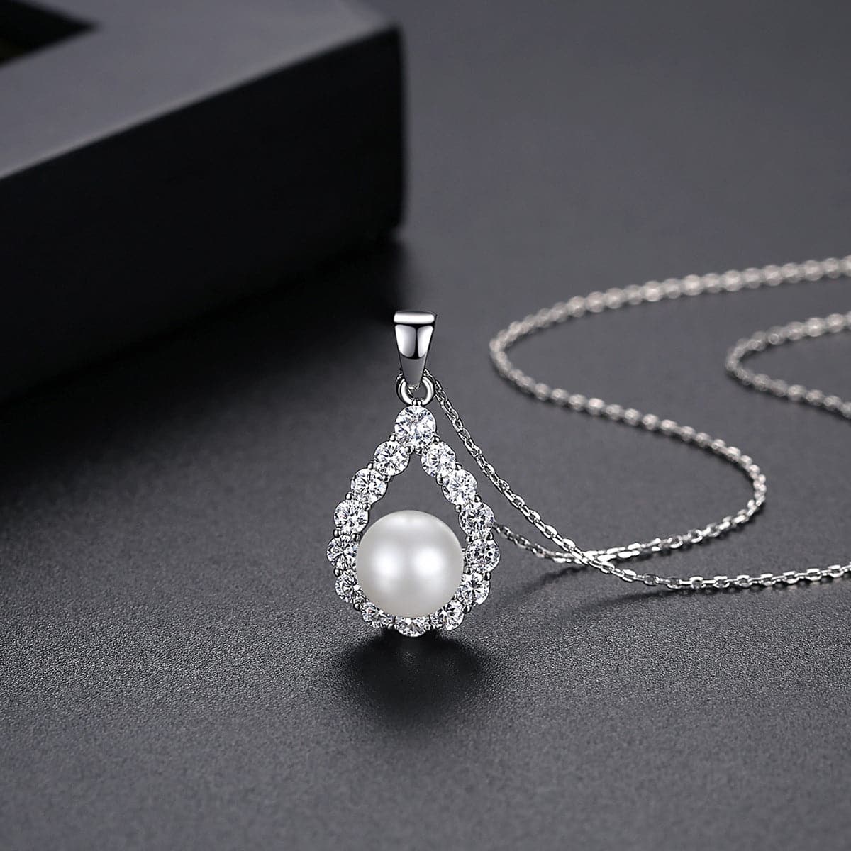 Pearl and Cubic Zirconia Silver-Plated Teardrop Pendant Necklace, silver pendant necklace for women, front view