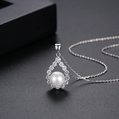Pearl and Cubic Zirconia Silver-Plated Teardrop Pendant Necklace, silver pendant necklace for women, front view