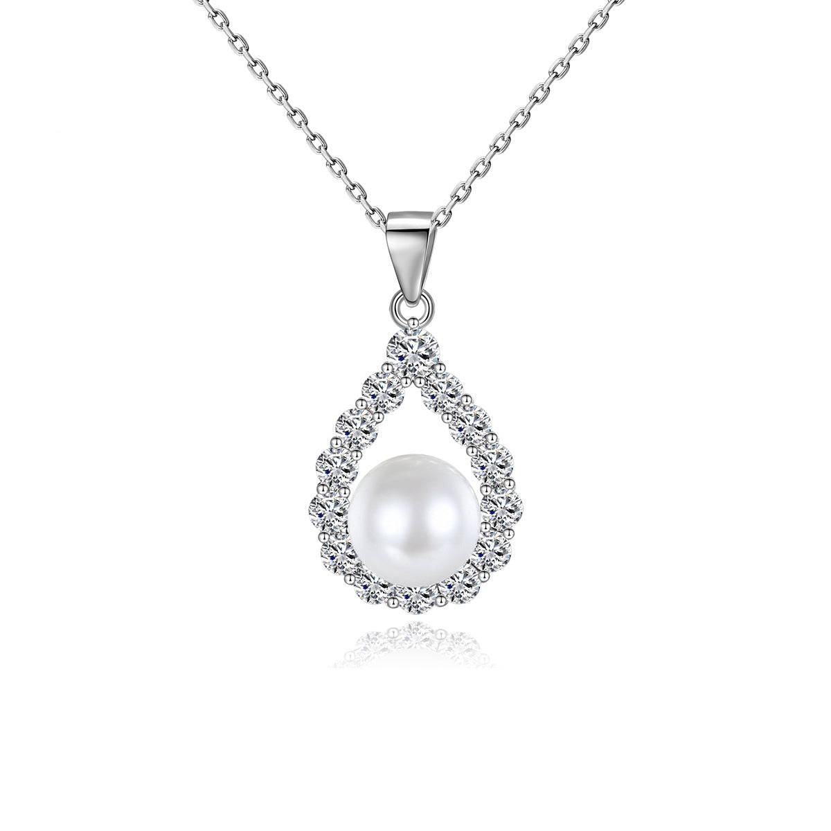 Pearl and Cubic Zirconia Silver-Plated Teardrop Pendant Necklace, silver pendant necklace for women, side view