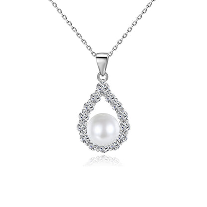 Pearl and Cubic Zirconia Silver-Plated Teardrop Pendant Necklace, silver pendant necklace for women, side view