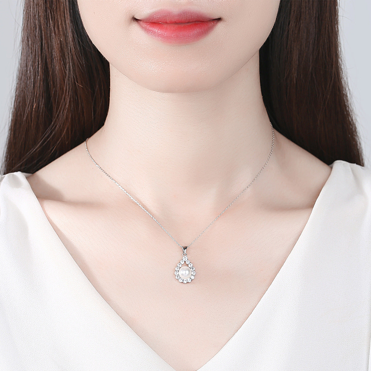 Pearl and Cubic Zirconia Silver-Plated Teardrop Pendant Necklace, silver pendant necklace for women, lifestyle look