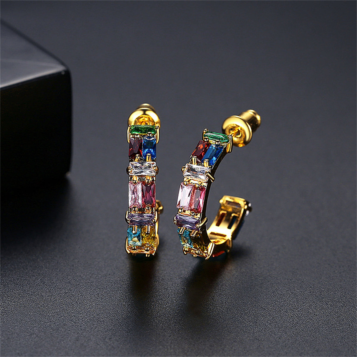 Red Multicolor Crystal and 18K Gold-Plated Huggie Earrings, gold huggie earrings, botanical inspired, front view