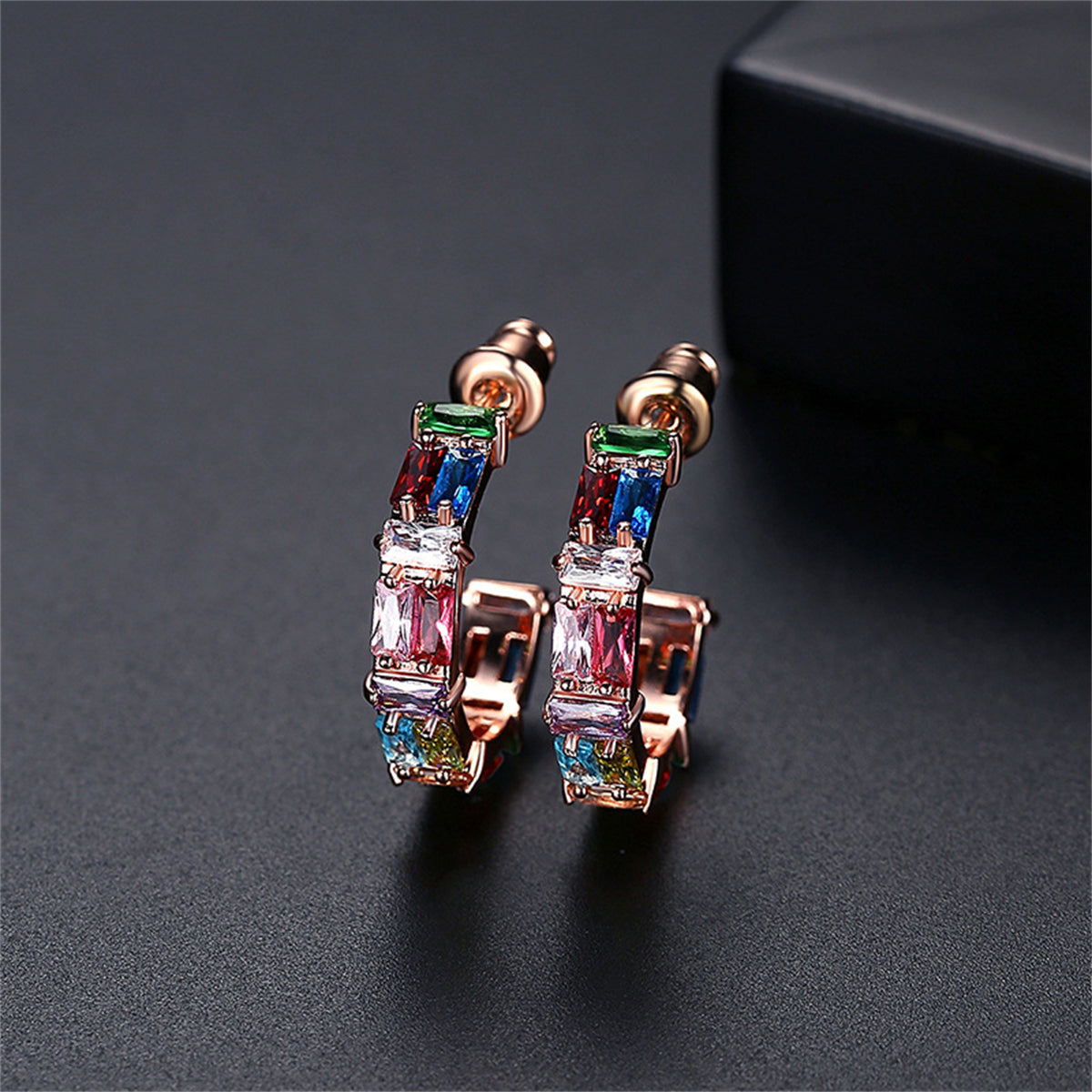 Crystal & 18K Rose Gold-Plated Multicolor C-Shape Hoop Earrings