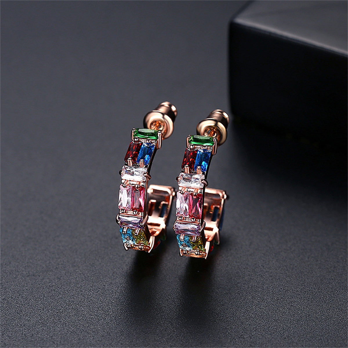 Crystal and 18K Rose Gold-Plated Multicolor C-Shape Hoop Earrings, dainty minimalist design, side view