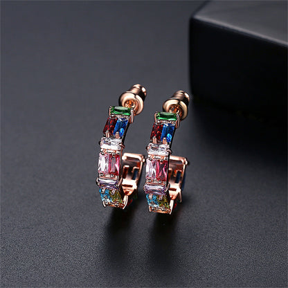 Crystal and 18K Rose Gold-Plated Multicolor C-Shape Hoop Earrings, dainty minimalist design, side view