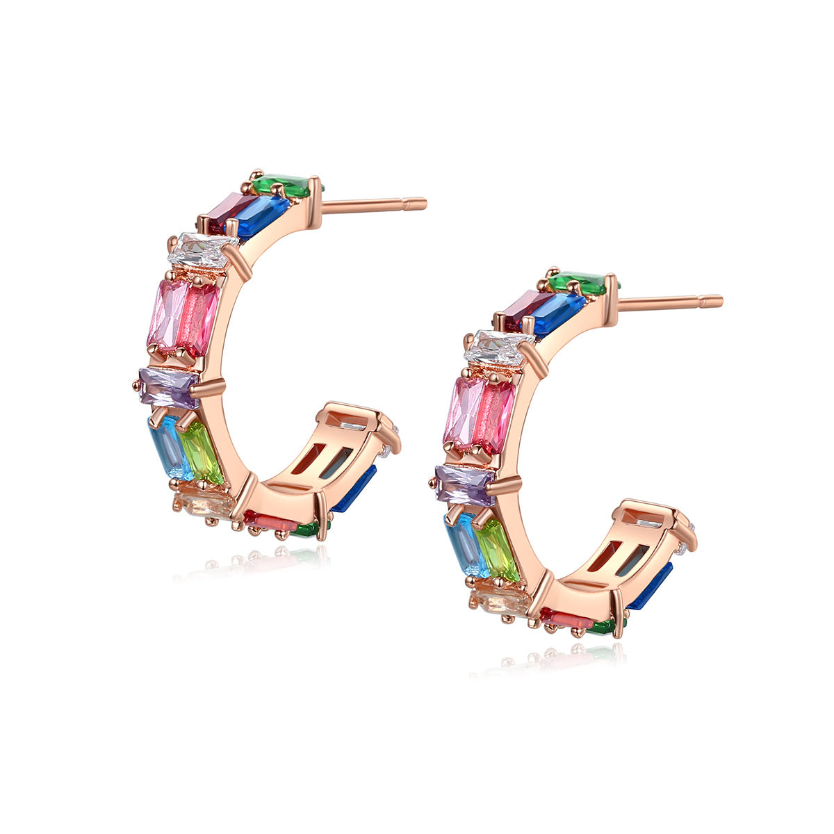 Crystal and 18K Rose Gold-Plated Multicolor C-Shape Hoop Earrings, dainty minimalist design, detail close-up