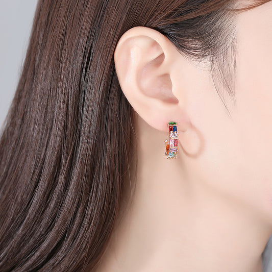 Crystal and 18K Rose Gold-Plated Multicolor C-Shape Hoop Earrings, dainty minimalist design, front view