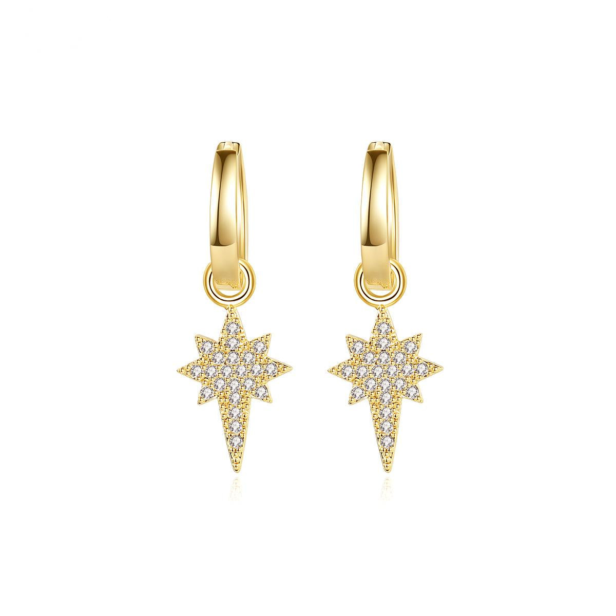 Cubic Zirconia and 18K Gold-Plated Star Huggie Earrings, gold huggie earrings, dainty minimalist design, detail close-up