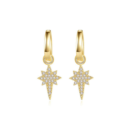 Cubic Zirconia and 18K Gold-Plated Star Huggie Earrings, gold huggie earrings, dainty minimalist design, detail close-up
