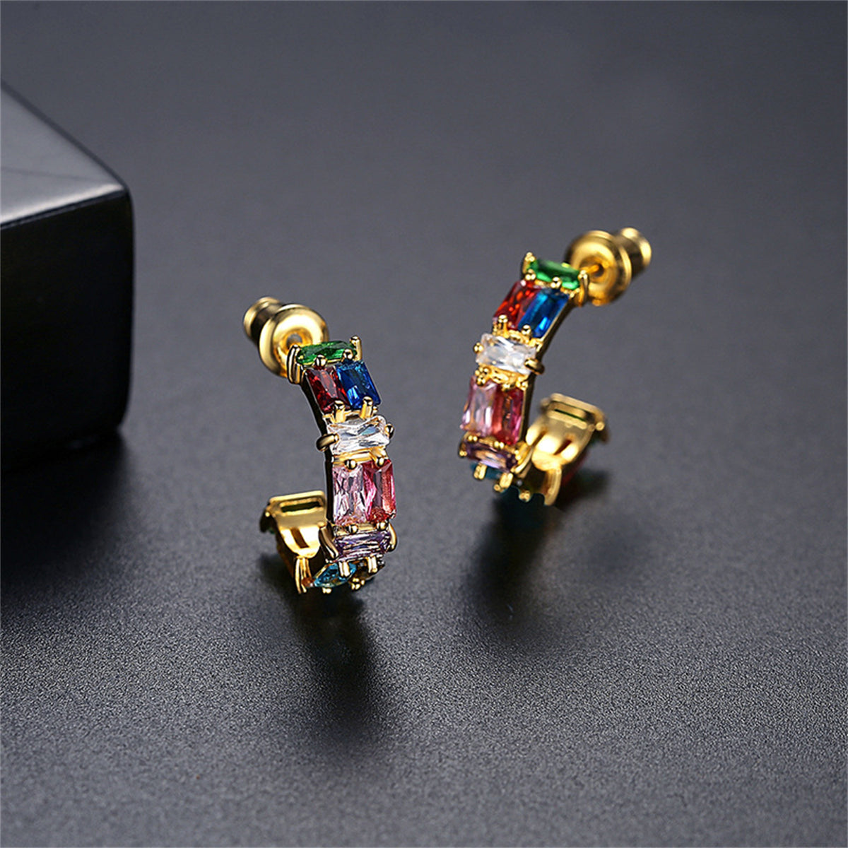 Multicolor Crystal and 18K Gold-Plated C-Shape Huggie Earrings, gold huggie earrings, botanical inspired, front view