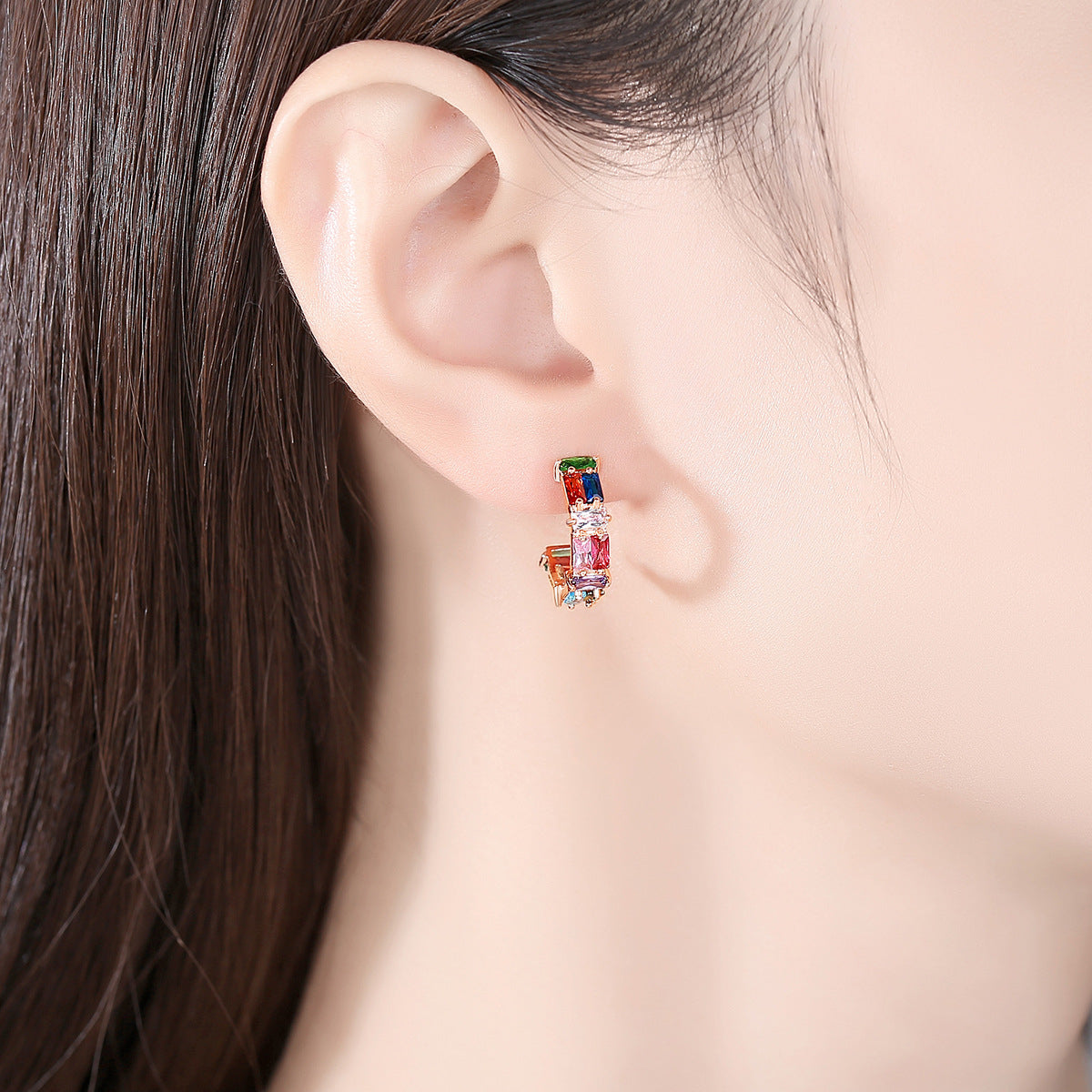 Multicolor Crystal and 18K Gold-Plated C-Shape Huggie Earrings, gold huggie earrings, botanical inspired, side view