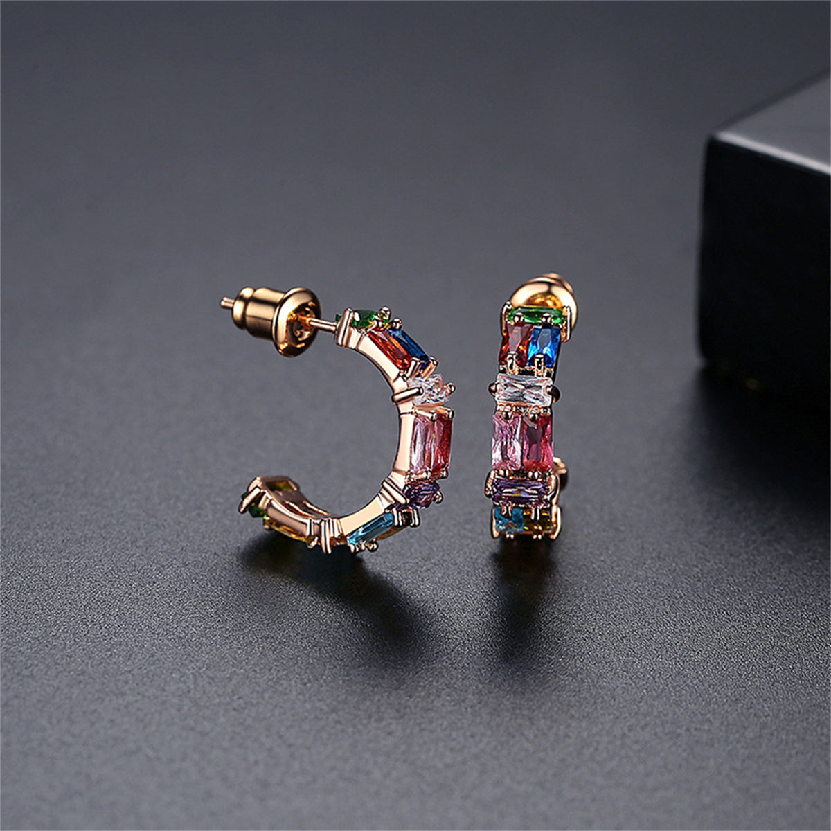 Pastel Crystal and 18K Rose Gold-Plated C-Shape Hoop Earrings, everyday style, front view