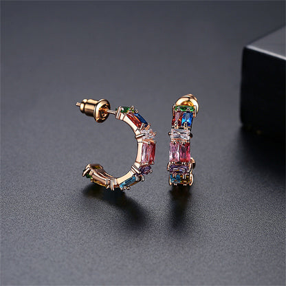 Pastel Crystal and 18K Rose Gold-Plated C-Shape Hoop Earrings, everyday style, front view
