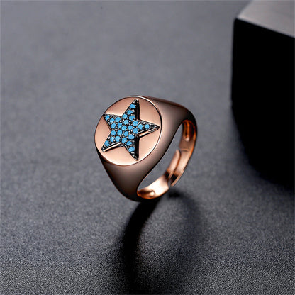 Blue Resin and 18K Gold-Plated Star Adjustable Ring, gold statement rings for women, everyday style, front view