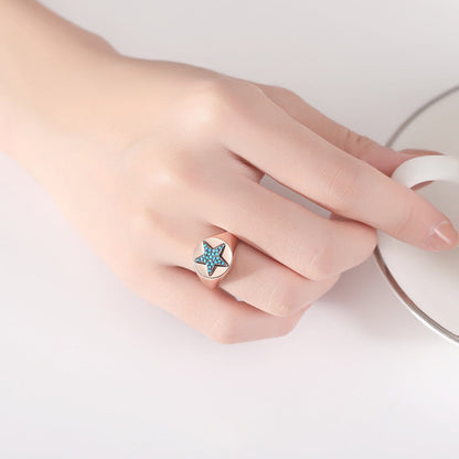 Blue Resin and 18K Gold-Plated Star Adjustable Ring, gold statement rings for women, everyday style, detail close-up