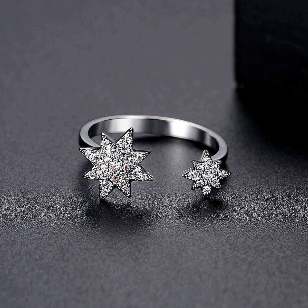 Cubic Zirconia and Silver-Plated Star Open Ring, silver statement rings for women, elegant gift for her, side view