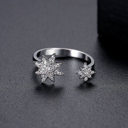 Cubic Zirconia and Silver-Plated Star Open Ring, silver statement rings for women, elegant gift for her, side view