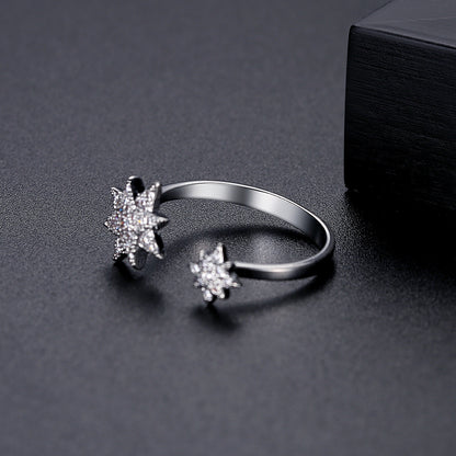 Cubic Zirconia and Silver-Plated Star Open Ring, silver statement rings for women, elegant gift for her, detail close-up