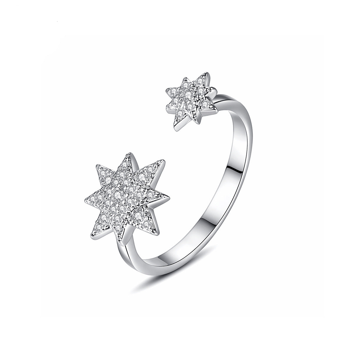Cubic Zirconia and Silver-Plated Star Open Ring, silver statement rings for women, elegant gift for her, front view