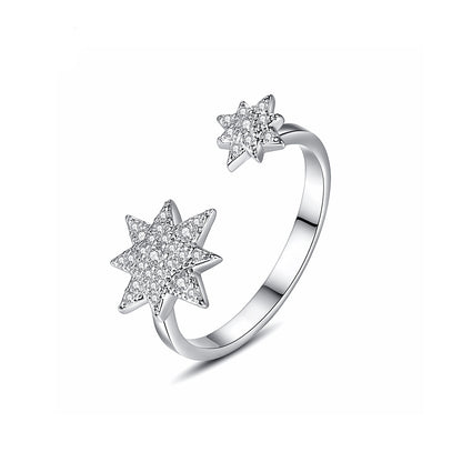 Cubic Zirconia and Silver-Plated Star Open Ring, silver statement rings for women, elegant gift for her, front view
