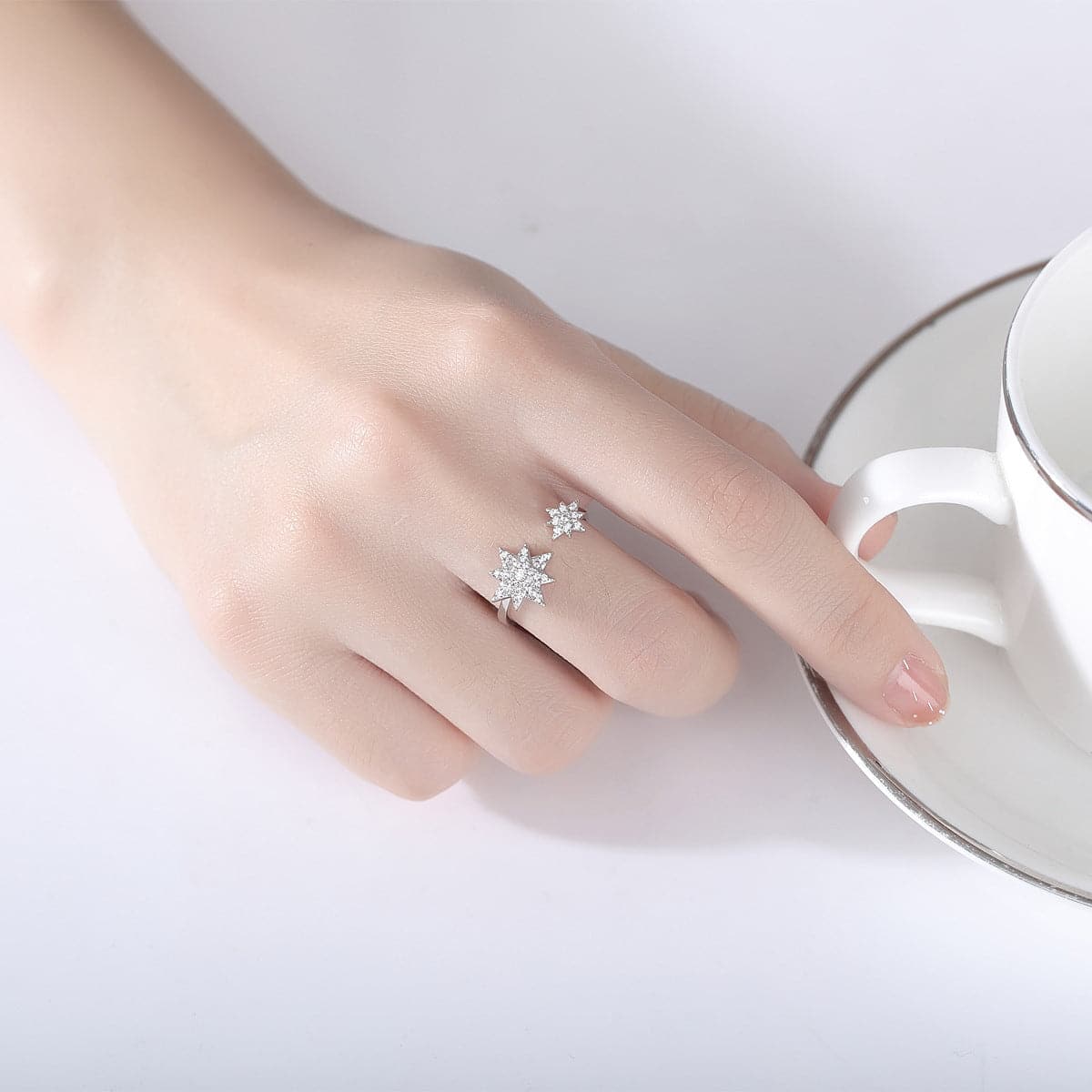 Cubic Zirconia and Silver-Plated Star Open Ring, silver statement rings for women, elegant gift for her, lifestyle look