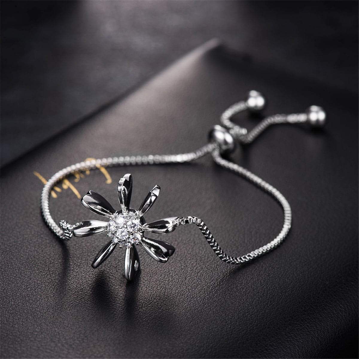 Cubic Zirconia & Silver-Plated Flower Adjustable Charm Bracelet