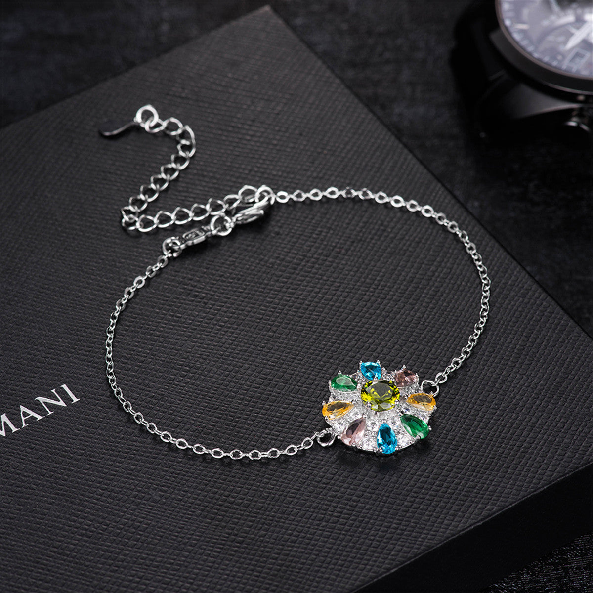 Blue Cubic Zirconia & Silver-Plated Flower Charm Bracelet