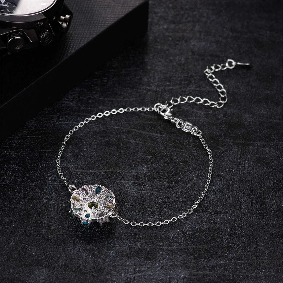 Blue Cubic Zirconia and Silver-Plated Flower Charm Bracelet, silver bracelet for women, dainty minimalist design, styled look