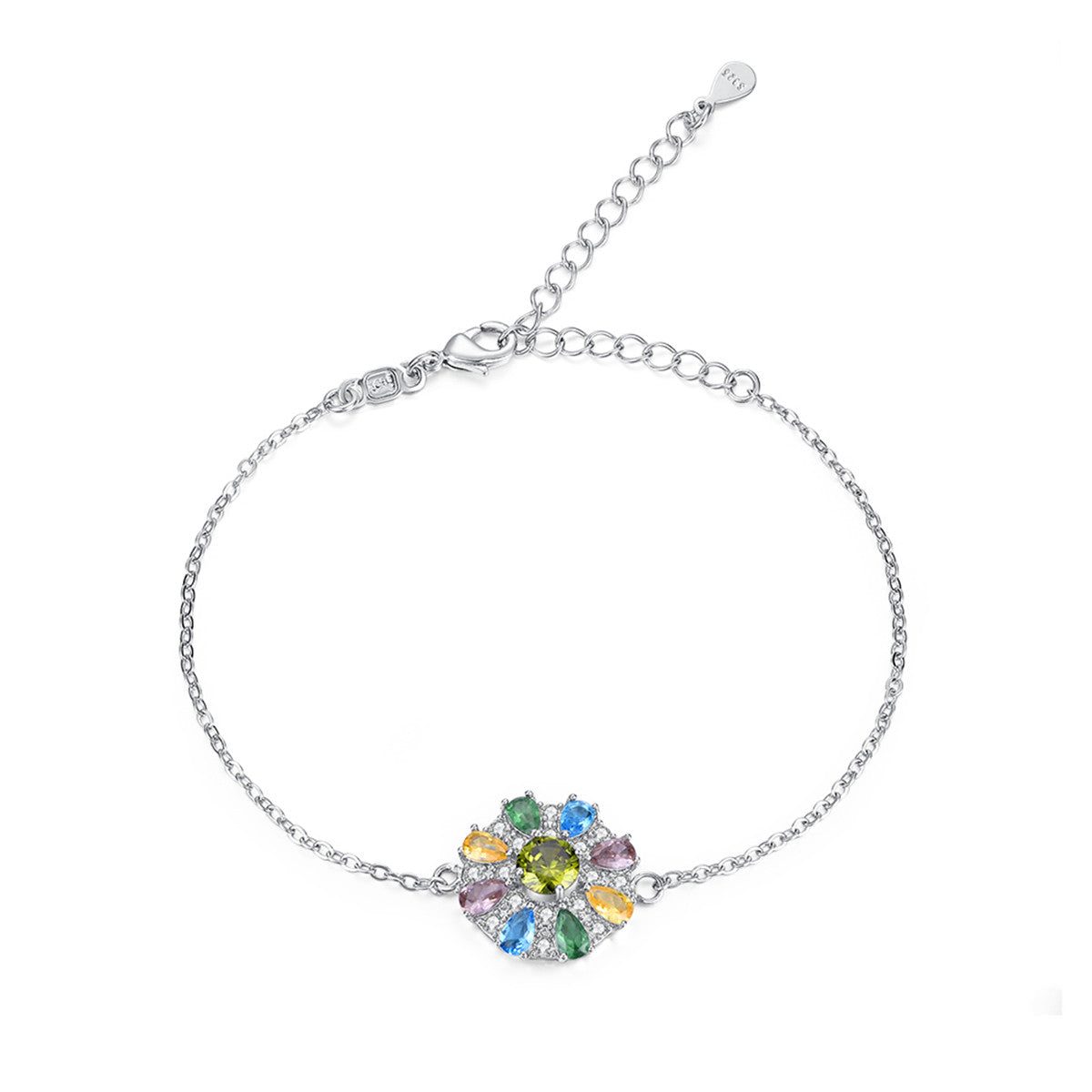 Blue Cubic Zirconia and Silver-Plated Flower Charm Bracelet, silver bracelet for women, dainty minimalist design, front view