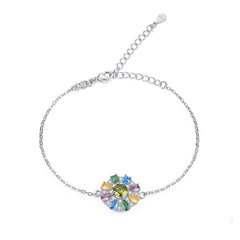 Blue Cubic Zirconia & Silver-Plated Flower Charm Bracelet