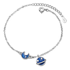 Silver-Plated & Blue Planet & Moon Charm Bracelet