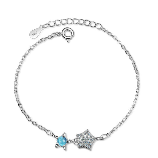 Blue Crystal and Cubic Zirconia Silver-Plated Star Bracelet, silver bracelet for women, dainty minimalist design, front view
