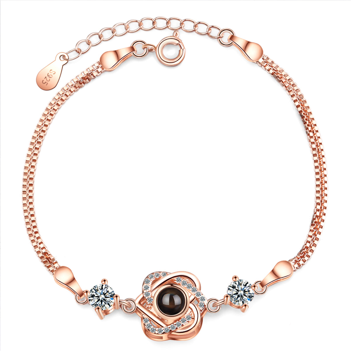 Cubic Zirconia and 18K Rose Gold-Plated Cross Heart Charm Bracelet, rose gold bracelet for women, side view
