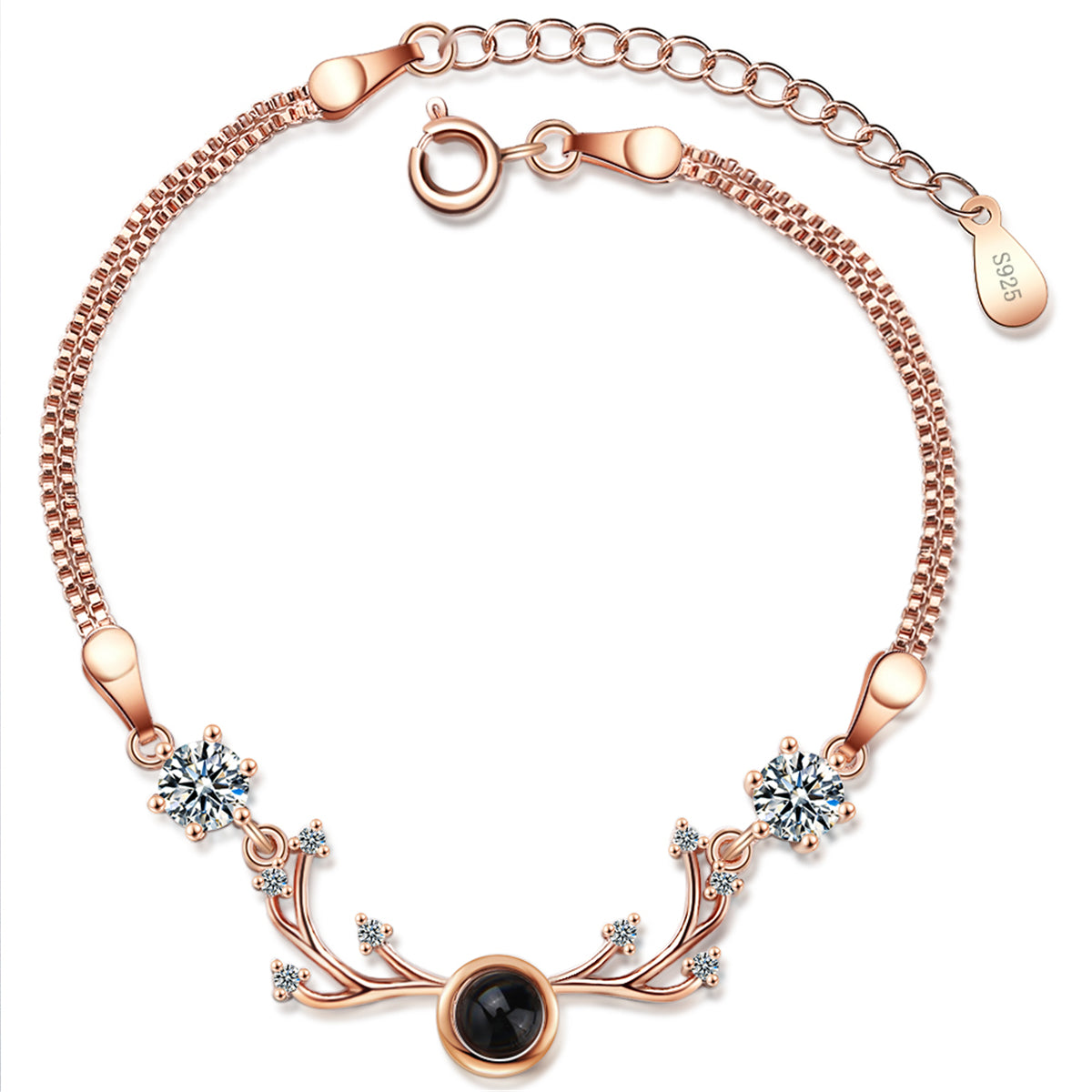 Cubic Zirconia and 18K Rose Gold-Plated Antler Charm Bracelet, rose gold bracelet for women, side view