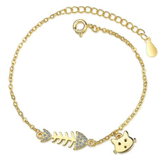 Cubic Zirconia & 18K Gold-Plated Fishbone & Cat Charm Bracelet