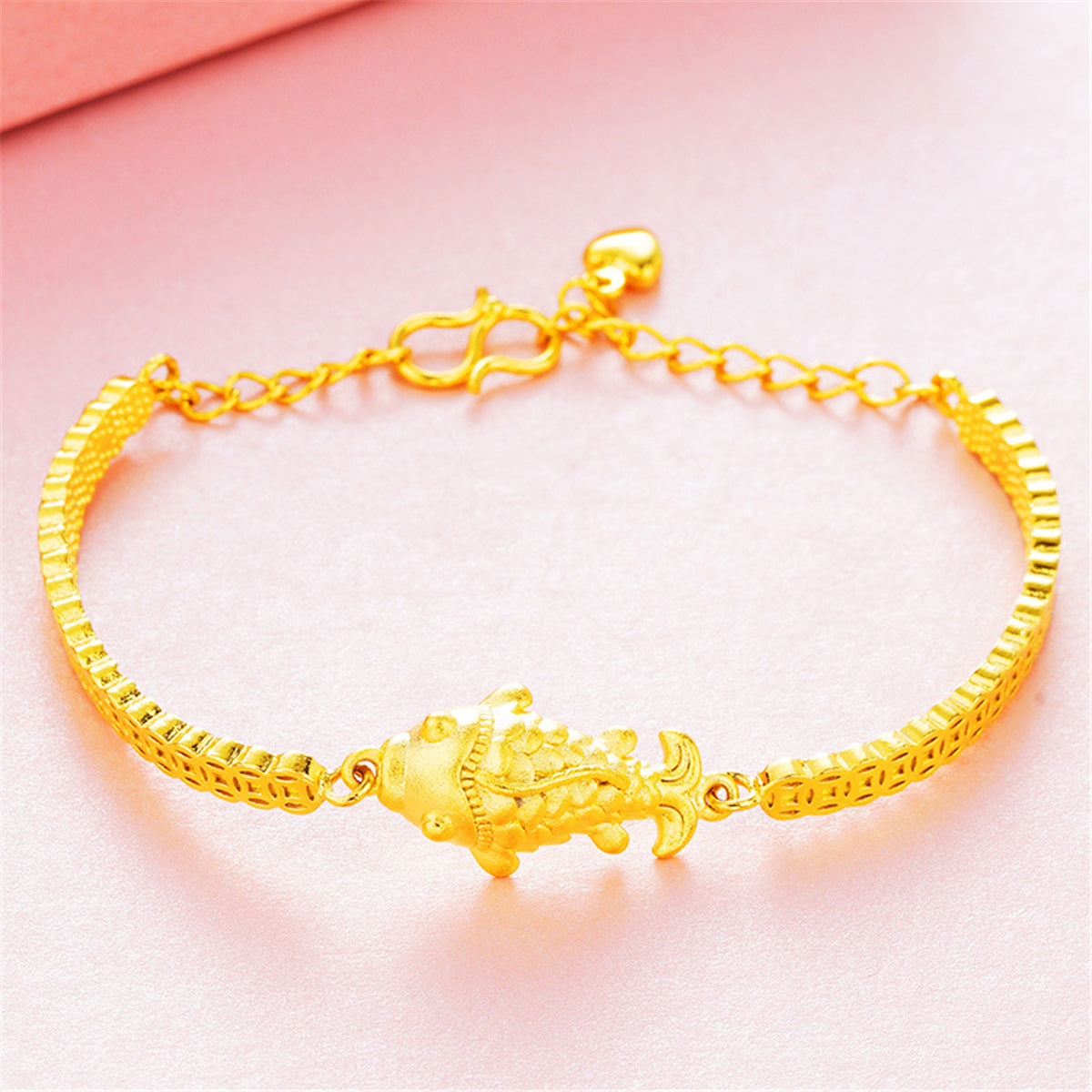 24K Gold-Plated Fish Charm Bracelet, gold bracelet for women, botanical inspired, front view