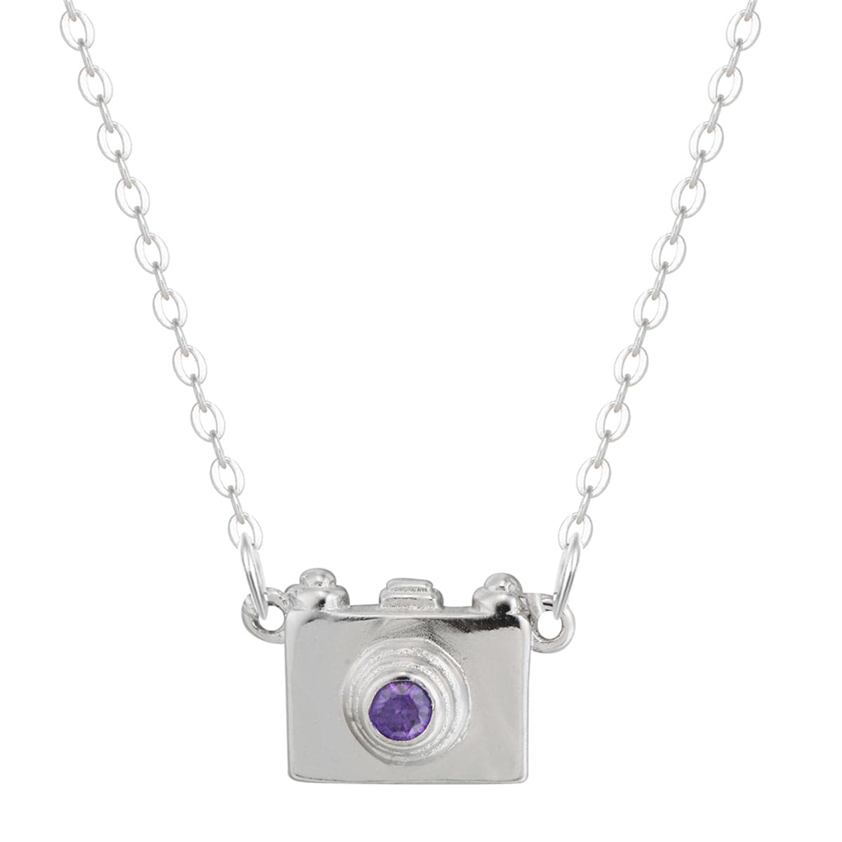 Purple Cubic Zirconia & Sterling Silver Camera Pendant Necklace