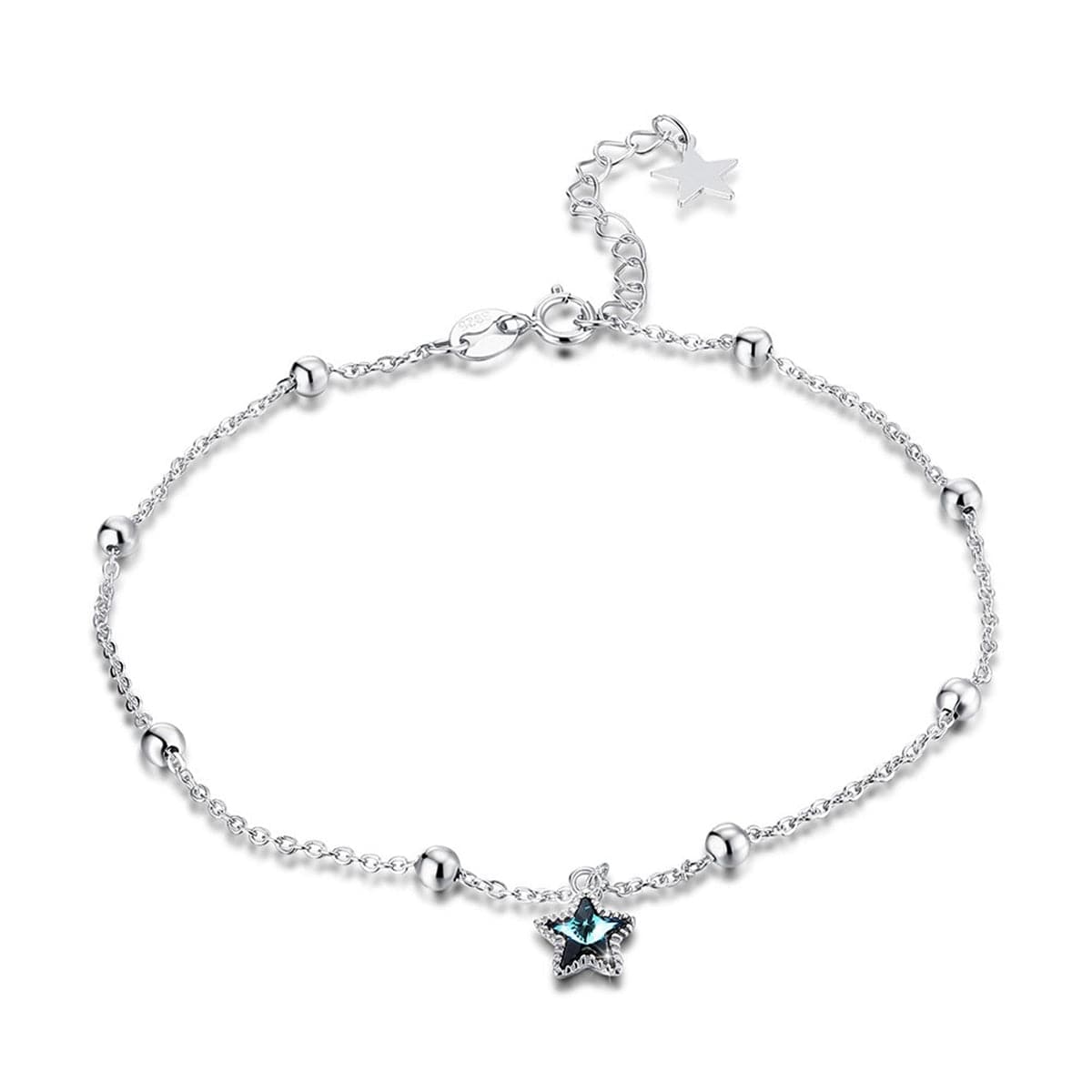 Blue Crystal & Sterling Silver Star Charm Anklet