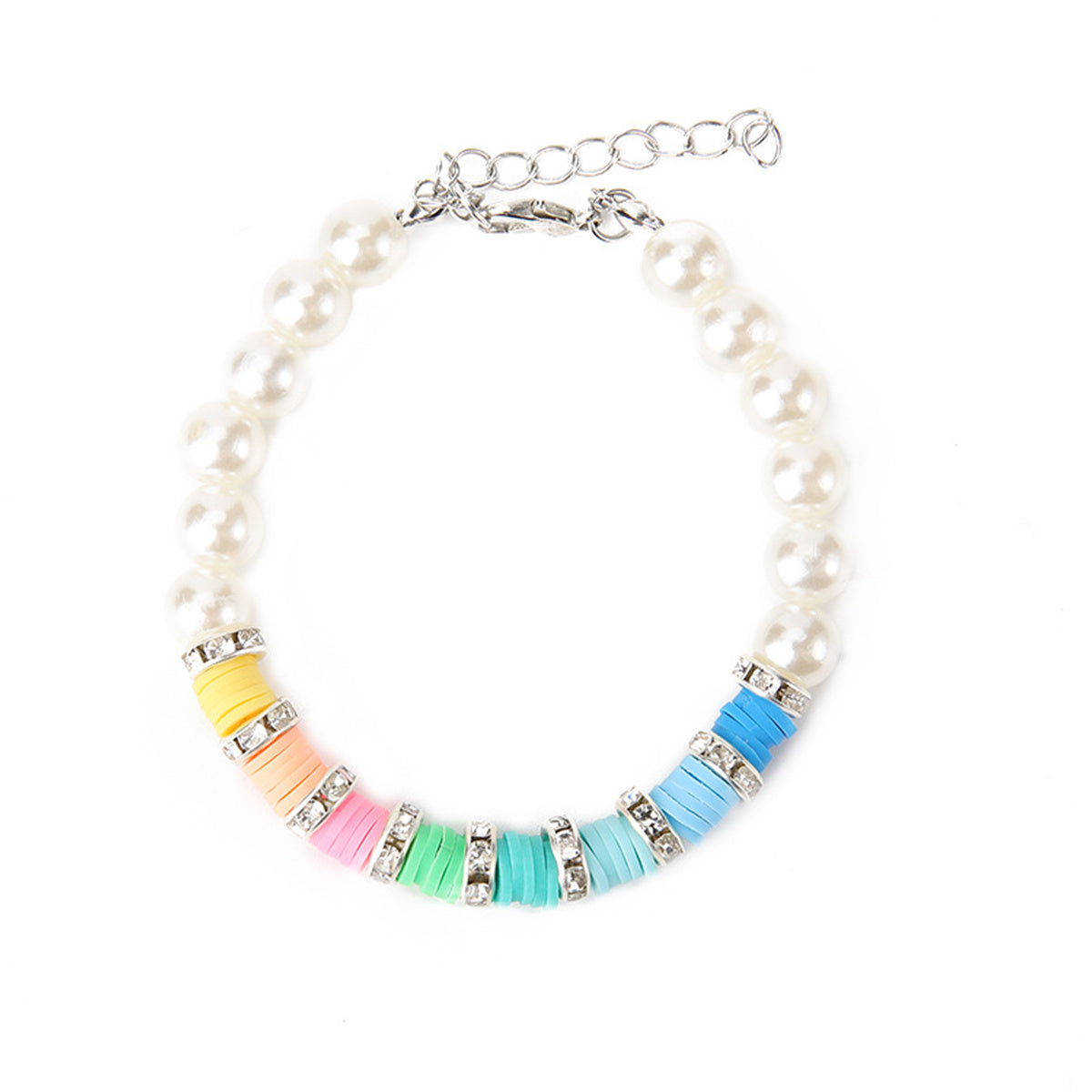 Blue Polymer Clay and Pearl Multicolor Beaded Bracelet, bracelet for women, dainty minimalist design, front view