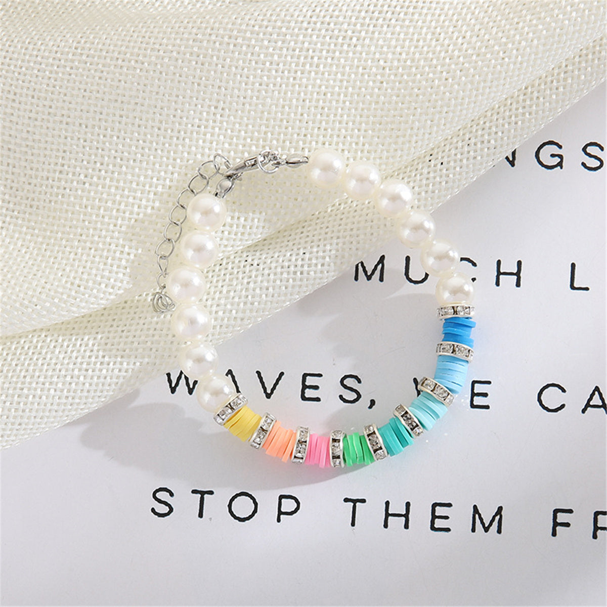 Blue Polymer Clay and Pearl Multicolor Beaded Bracelet, bracelet for women, dainty minimalist design, side view