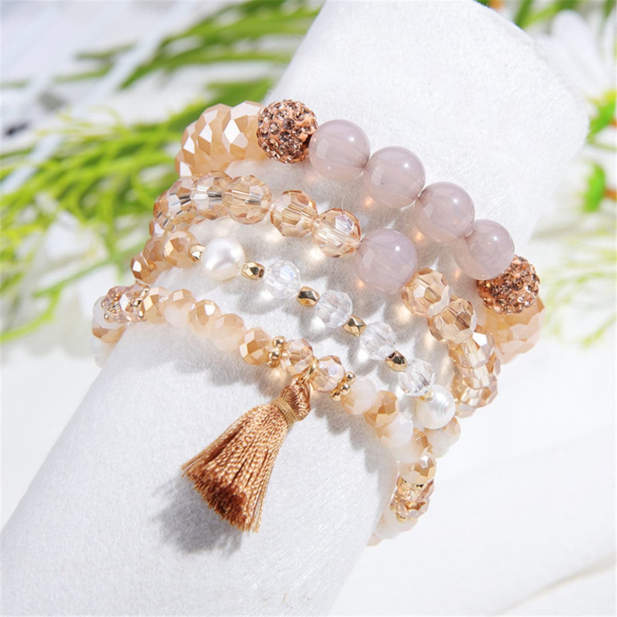 Champagne Resin & Cubic Zirconia 18K Gold-Plated Beaded Stretch Bracelet Set